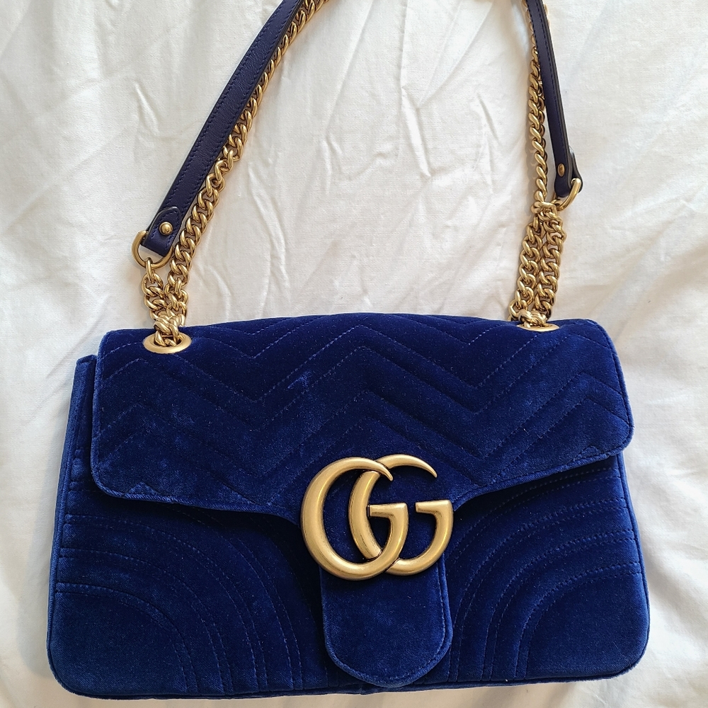 Gucci blue velvet medium marmont matelasse GG